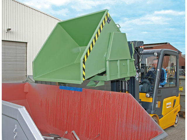 Tilting container, forklift truck attachment