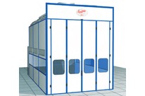 Pressurized painting booths with dry filtration
