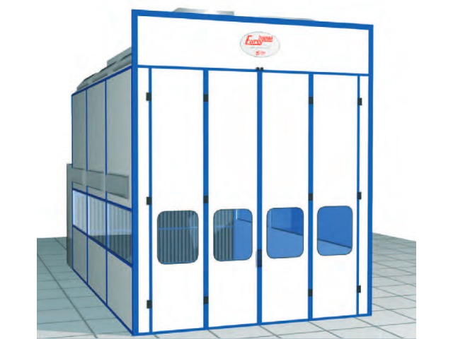 Pressurized painting booths with dry filtration