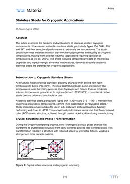 Behavior and applications of stainless steels in cryogenic environments