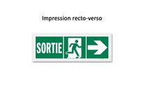 Exit evacuation sign + towards two-way door picto