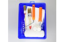 Paint Roller Brush Set - 10 Pieces - 1x180 mm roller cover, 1x180 mm roller frame, 2x50 mm foam roller cover, 1x50 mm roller frame, 1x35mm brush, 1x4# round brush, 1x drop cloth, 1x paint mixer, 1x180 mm plastic tray