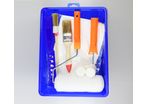 Paint Roller Brush Set - 10 Pieces - 1x180 mm roller cover, 1x180 mm roller frame, 2x50 mm foam roller cover, 1x50 mm roller frame, 1x35mm brush, 1x4# round brush, 1x drop cloth, 1x paint mixer, 1x180 mm plastic tray