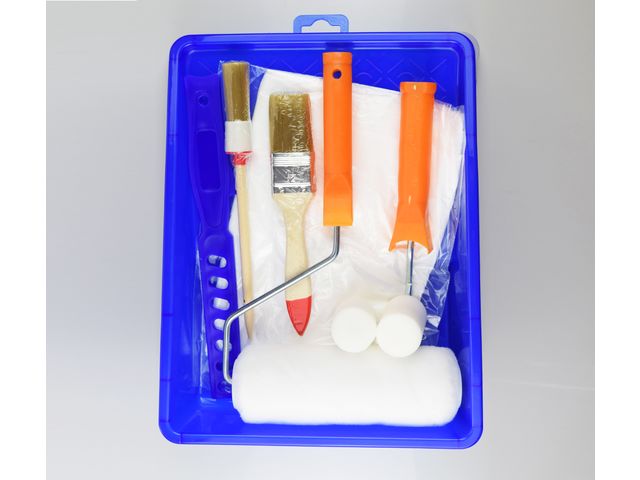 Paint Roller Brush Set - 10 Pieces - 1x180 mm roller cover, 1x180 mm roller frame, 2x50 mm foam roller cover, 1x50 mm roller frame, 1x35mm brush, 1x4# round brush, 1x drop cloth, 1x paint mixer, 1x180 mm plastic tray