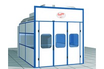Pressurized painting booths with dry filtration