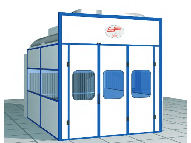 Pressurized painting booths with dry filtration