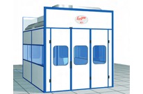 Pressurized painting booths with dry filtration