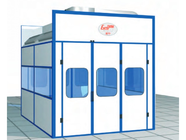 Pressurized painting booths with dry filtration