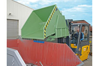 Tilting container, forklift truck attachment