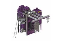 Continuous overhead rail shot blast machine